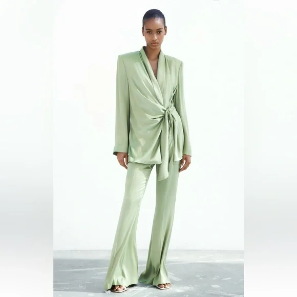 green emerald velvet dress Zara mint green wide leg trousers Medium  The Leftovers